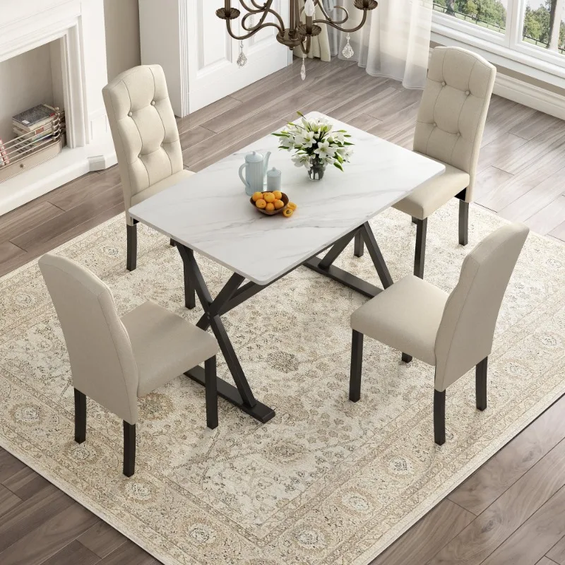 5 Piece Kitchen Dining Table and Chair Set,45.3” Dining Table Set with Marble Table, 4 Upholstered Chairs for Small 2