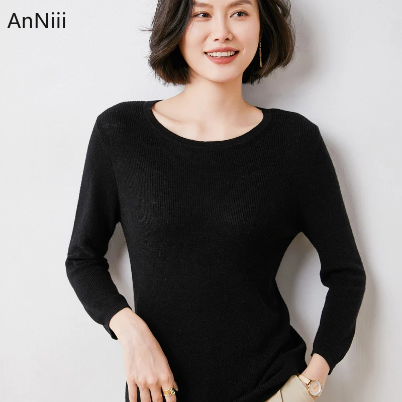 

100% Wool Sweater Cashmere Autumn Winter Women Office Lady Solid Female Pullovers Knitted Basic Woman Warm Slim Jumpers Tops