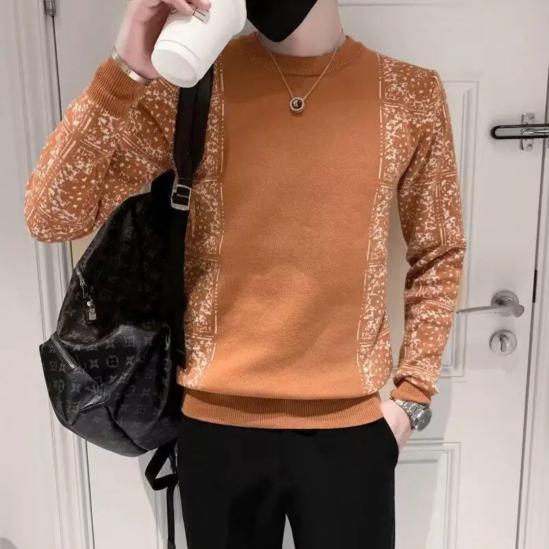 Men New Knitted Sweater High-grade Color Matching Elegant Slim Fashion Round Neck Bottom Fashion Autumn and Winter Pullover