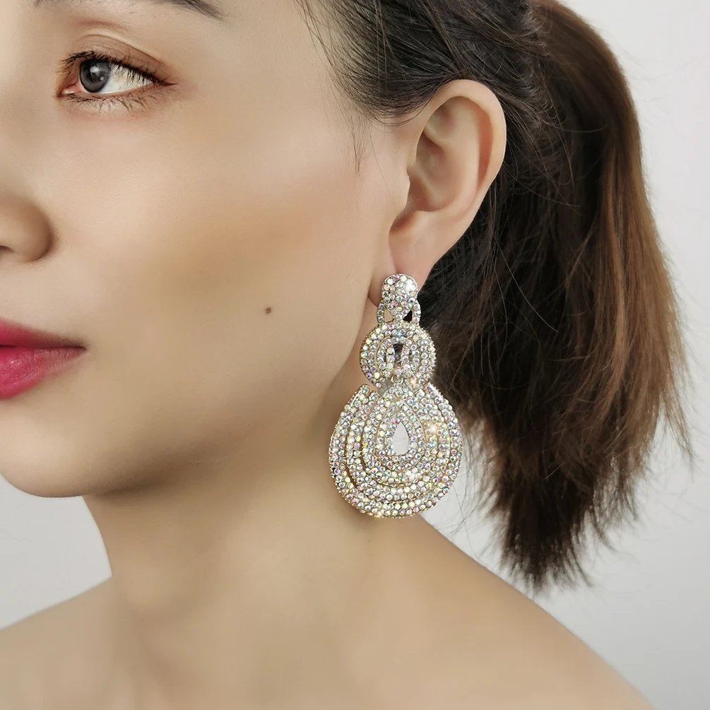 

Luxury Shining Crystal Rhinetsones Big Drop Earrings For Woman Wedding Jewelry Long Eardrop Zinc Alloy Dangle Decorate MANILAI