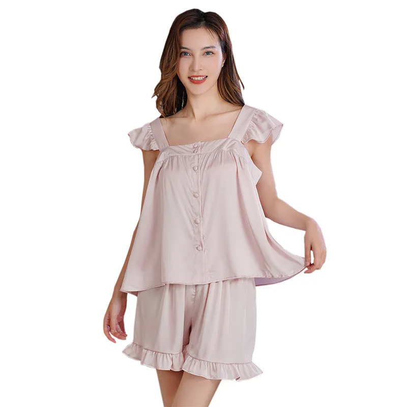Palace style ice silk pajamas women's summer sexy suspenders style solid color home clothes sleeveless slimming suit