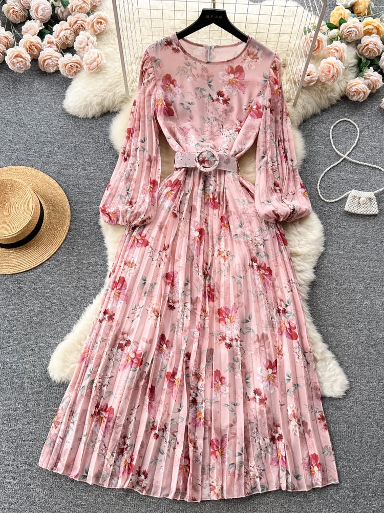 

Autumn Women Floral Chiffon Pleated Long Dress Vintage O-Neck Puff Sleeve High Waist Draped Maxi Vestidos Elegant Robe Female