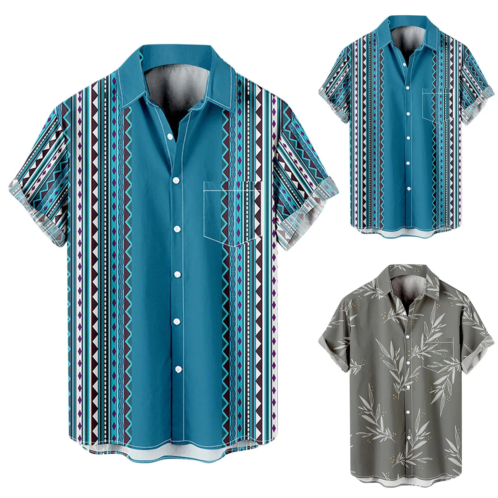 

Aqua X Mens Fashion And Leisure 3D Digital Printing Buckle Lapel Short Sleeve Shirt Top Mens Striped Tee