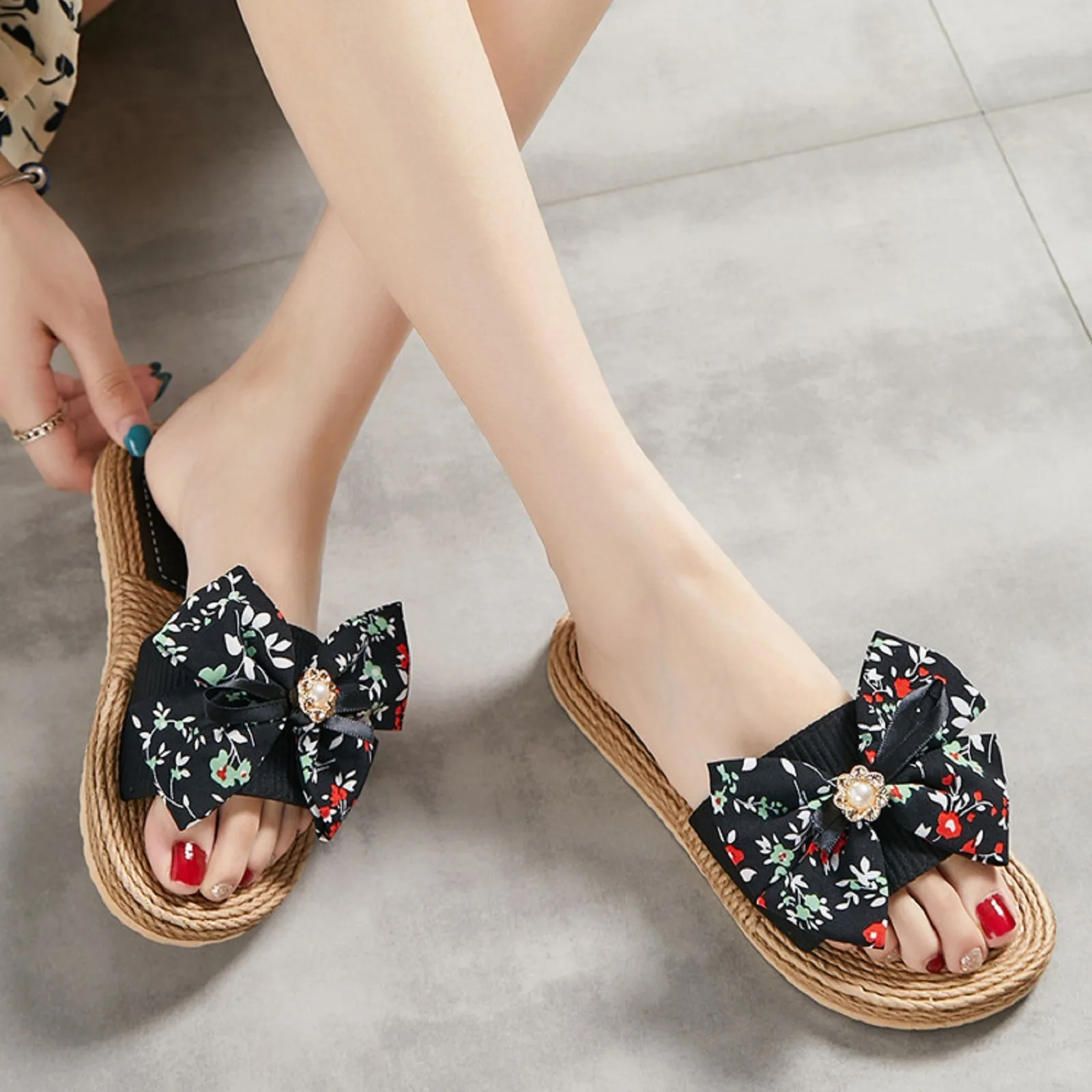 

Женские летние повседневные сланцы, Удобные однотонные льняные шлепанцы с бантом, сандалии на платформе, женская домашняя обувь