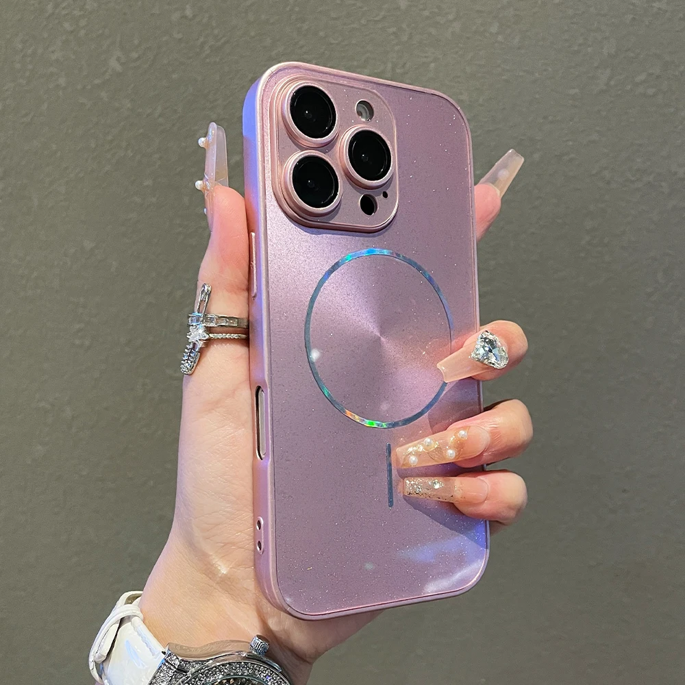 Luxo para magsafe glitter aurora brilhante caso de telefone para iphone 15 16 17 pro max 14 plus 13 12 11 proteção lente completa capa traseira