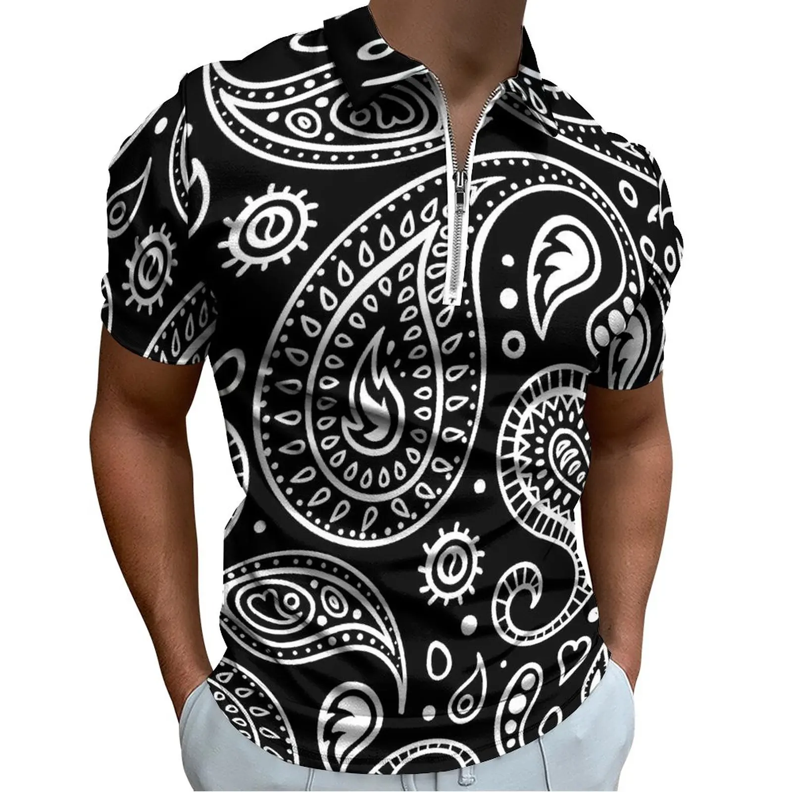 

Paisley Design Casual Polo Shirts Black and White T-Shirts Man Short Sleeves Custom Shirt Day Fashion Oversize Clothes Gift Idea