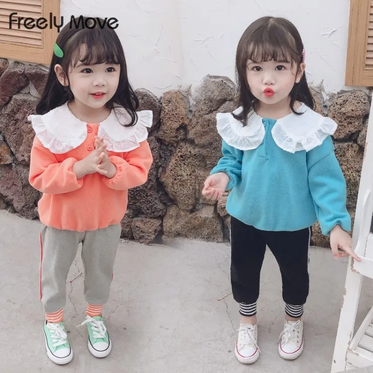 

Freely Move Autumn Fashion Girls Solid Ruffles Collar Thick Clothes Sets Kids Warm Long Sleeve Sweater and Full Length Pants