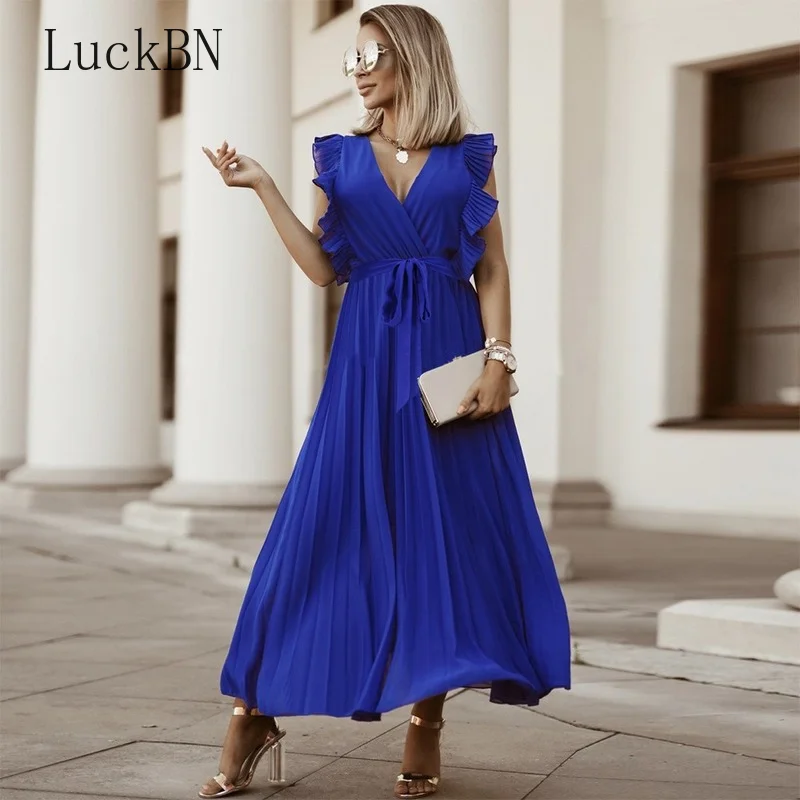 

Summer Fashion Sexy Slim Beach Long Dress Dresses Women Lotus Leaf Sleeve Midi Vestidos Vestido Maxi Robes Casual Black 2022 New