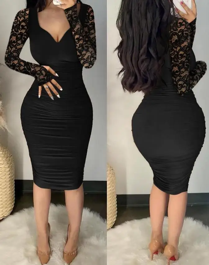 

Сексуальные вечерние платья для женщин, новинка 2023, модное осеннее однотонное Черное контрастное Кружевное облегающее платье с длинным рук...