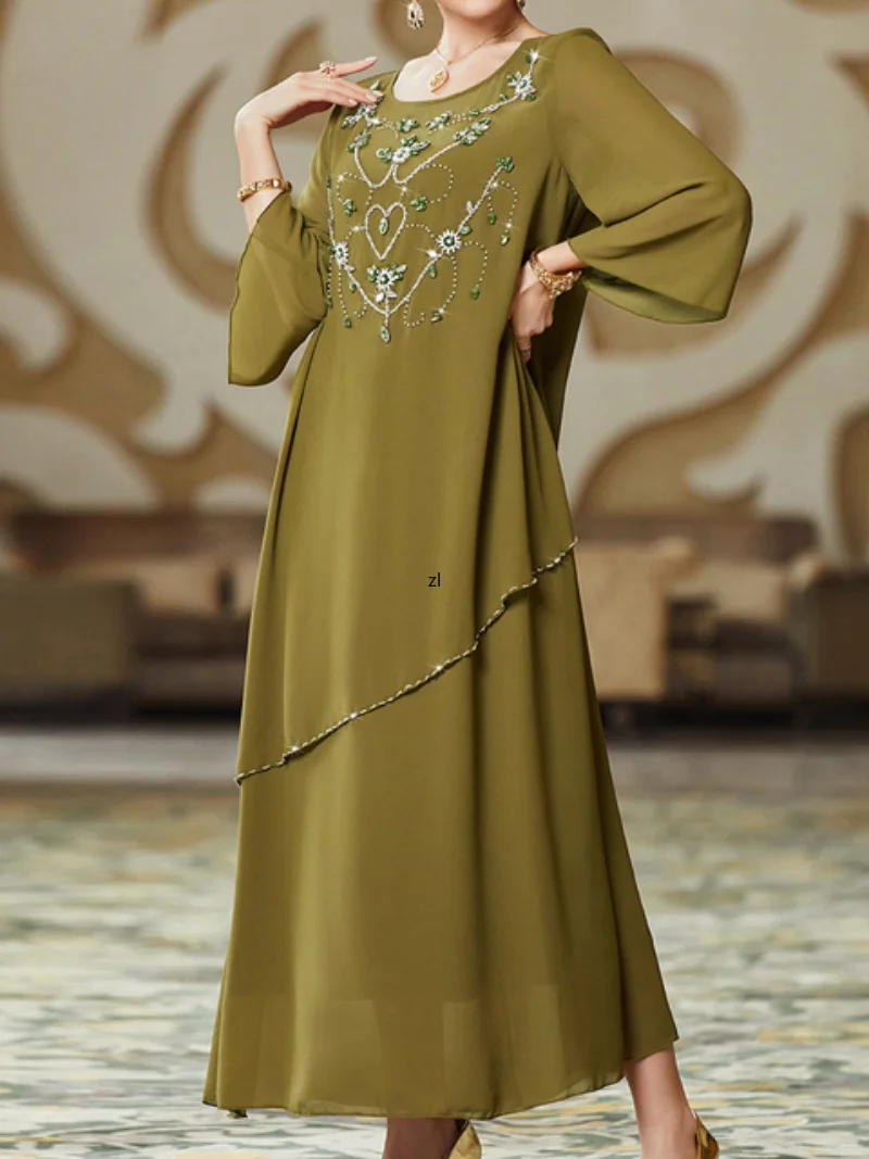 Sweet Cherry Blossom Pink Hand Sewn Diamond Beaded Chiffon Long Dress Modest Muslim Dubai Moroccan Jalabiya Eid-al-Adha 2023