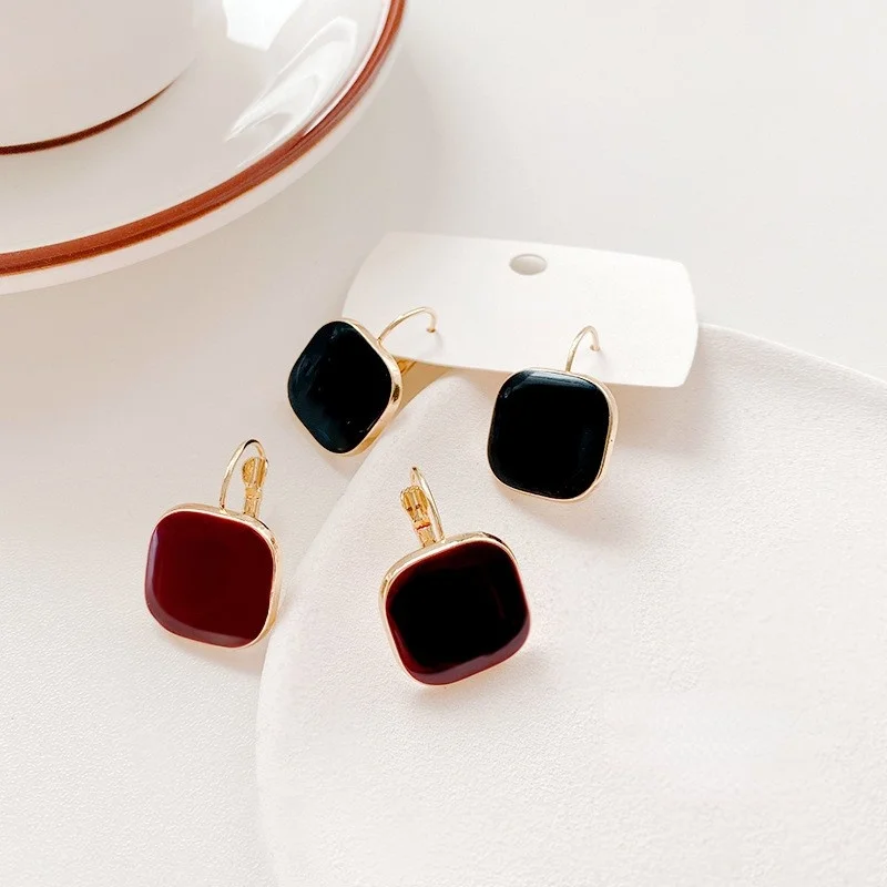 Wine Red Geometric Square Stud Earrings for Women Dripping Oil Cute Korean Metal Wedding Fashion Jewelry Wholesale Gift |