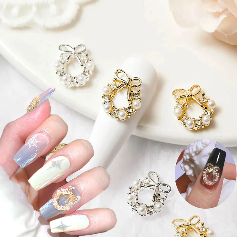 

10Pcs Garland Bowknot Pearl Zircon Nail Charms Rhinestone Christmas Wreath Nail Design Crystals Jewelry DIY Nail Art Decoration