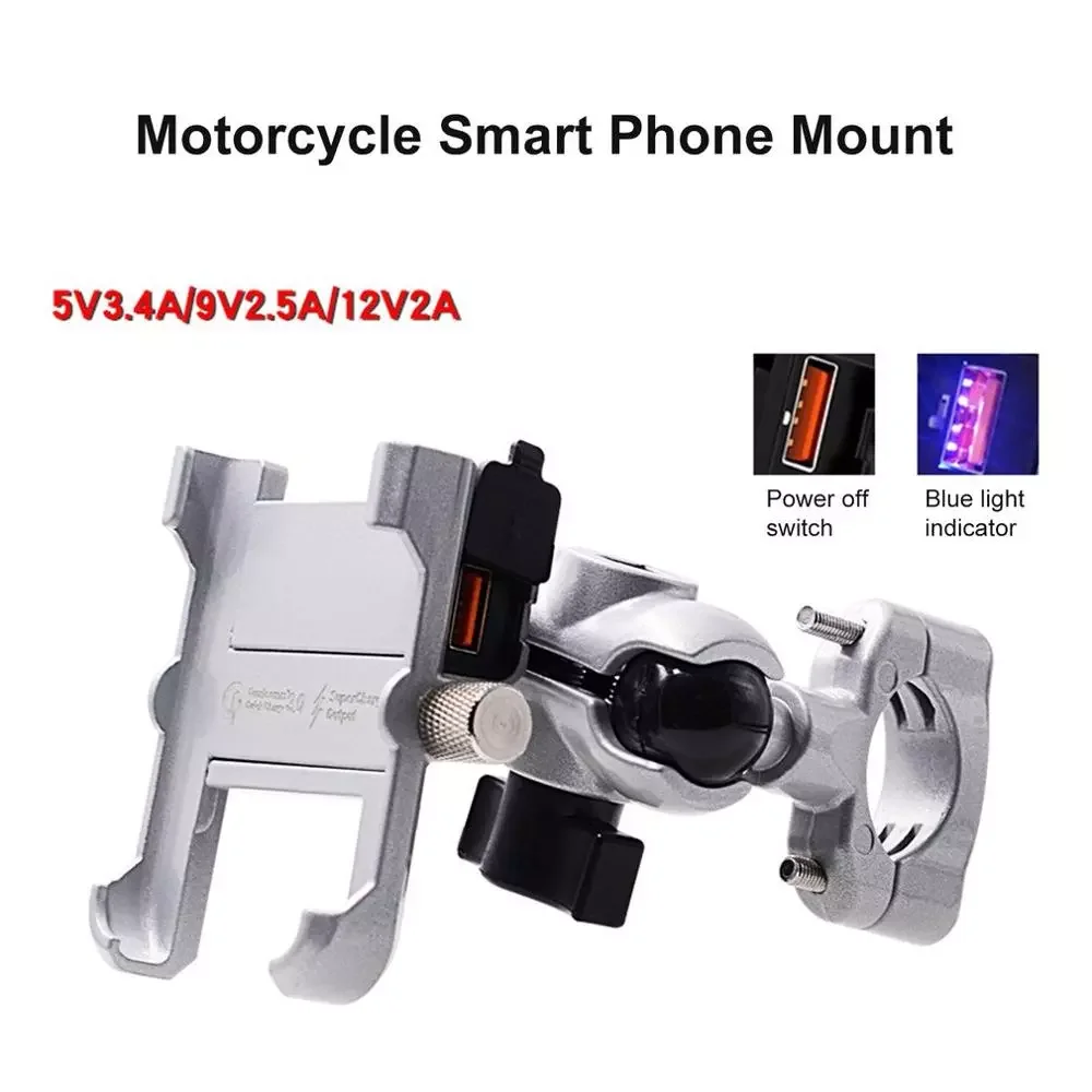 

Waterproof Metal Motorcycle Smart Phone Mount with QC 3.0 USB Quick Charger Motorbike Mirror Handlebar Stand Holder