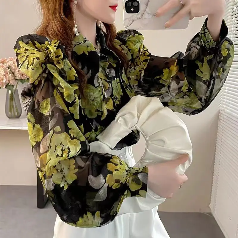 

Spring Autumn Women's Turn-down Collar Solid Plant&Flowers Printed Button Lantern Long Sleeve Chiffon Cardigan Shirt Casual Tops