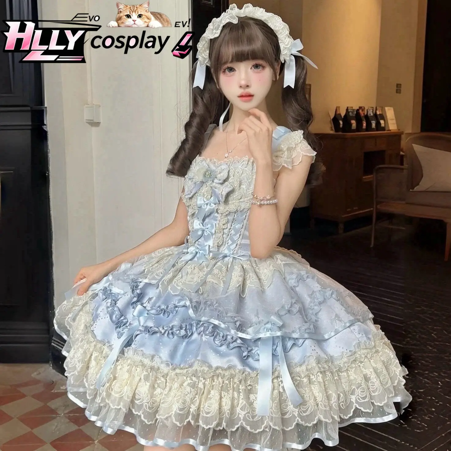 Новое платье JSK в стиле Sweet Lolita Balletcore, светло-голубое с белыми оборками, кружевом, бантом, пышное, с завышенной талией, на бретельках, в стиле принцессы (art.: 3920db1672972) - 3920db1672972