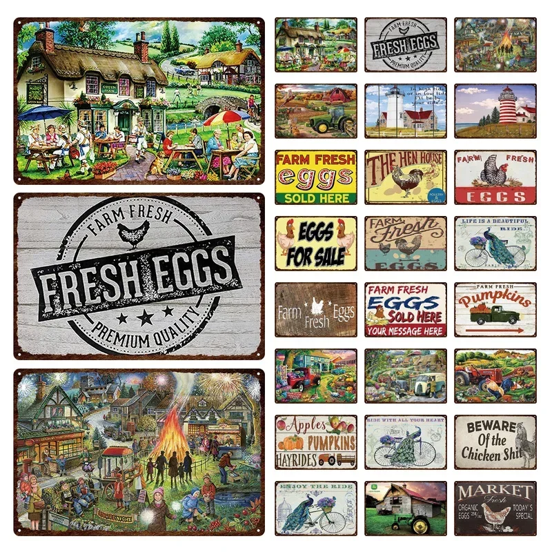 

Beauty Farm Landscape Shabby Posters Vintage Fresh Eggs Chicken Meat Track Metal Sign Poster Tin Sign Wall Decor Artwork Gifts