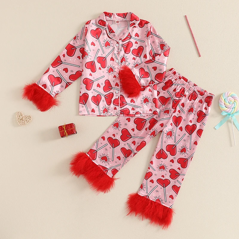 Toddler Kids Baby Girl Valentine's Day Pajamas Sets Satin Heart Print Long Sleeve Feather Trim Button Shirts Pants Sleepwear
