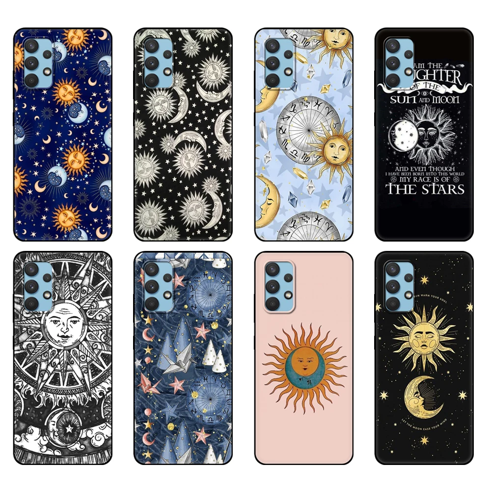 

Black tpu Case For Samsung galaxy A32 A42 A52 A72 4g 5g S21 PLUS ultra back cover Sun Moon Stars Colorful