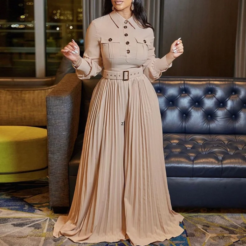 2023 Spring Summer Islamic Long Sleeve Overalls Pleated Loose Jumpsuits For Women Rompers Lady Club Female Vestidos And  Belt