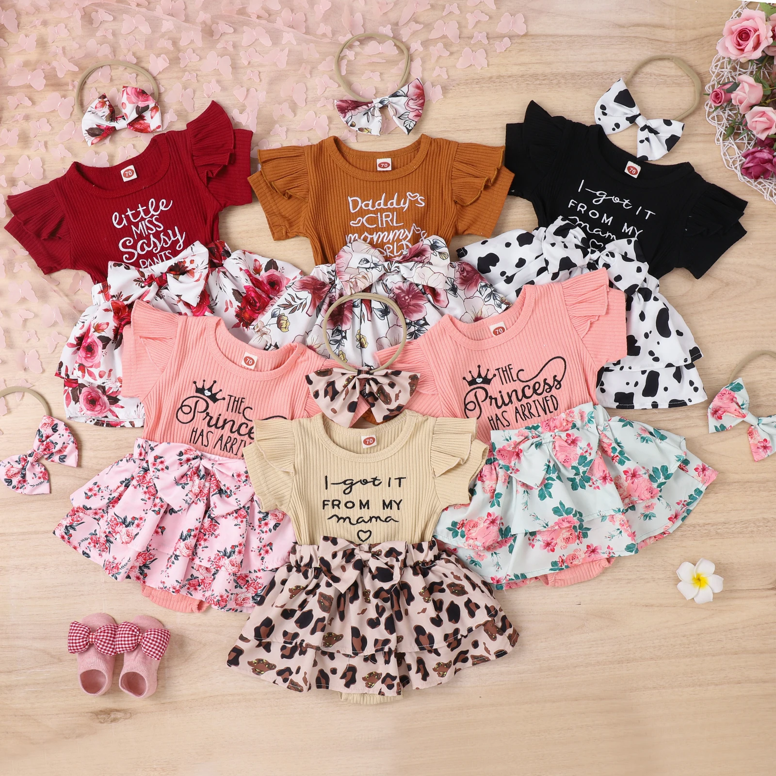 Newborn Baby Girl Clothing Summer Clothes New Letter Print Cotton Short Sleeve Leopard Flower Dress Bodysuit Headband 2Pcs 0-18M