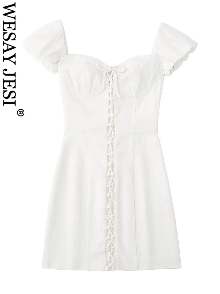 

WESAY JESI элегантное однотонное Белое Облегающее Платье с запахом на груди с вырезами на шнуровке Сексуальное вечернее модное короткое платье ...