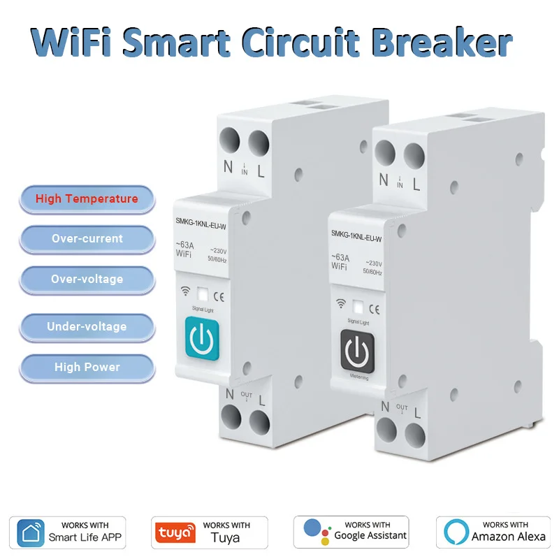 Умный автоматический выключатель Tuya Wi-Fi с измерением 1P1-63A таймер энергии кВтч для