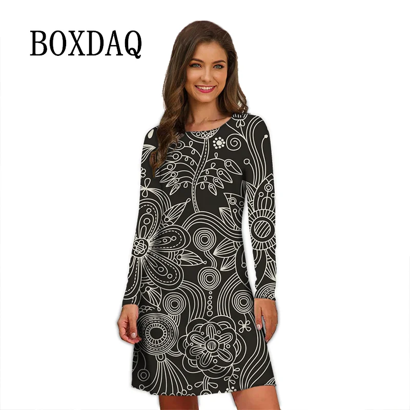 

Retro Print Dress Womens 2022 Spring Long Sleeve A-Line Dress Autumn Casual Loose Clothing Oversized Ladies Print Dress Vestidos