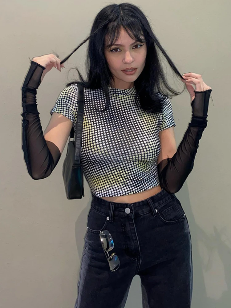 

Women's Black Sexy Cropped Polka Dot O-Neck Pullover Short Sleeve T-Shirt Summer Fashion Casual Skinny Stretch Goth Graphic Tee