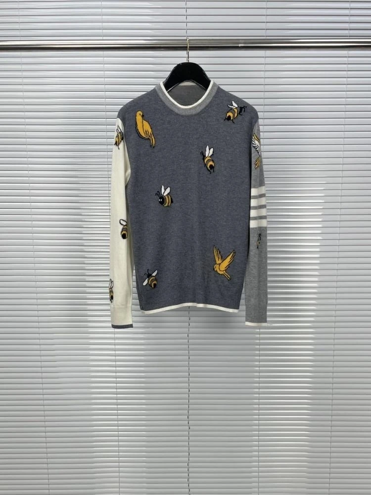 

Autumn TB Pullover Sweater Thin Bee Bird Embroidery Slim Fashion Women Sweater High Quality Causal Coat Men Cardigan