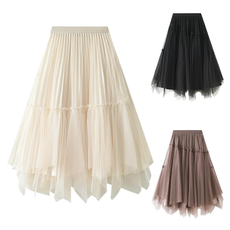 

F42F Elastic High Waist Beaded Layered Mesh Midi Long Tulle Skirt Petticoat for Women