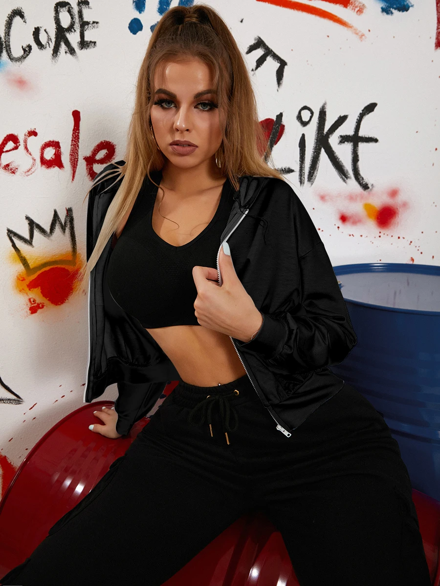 

LW 2022 Women Autumn Zipper Design Kangaroo Pocket Hoodie Basic Knitting Long Sleeve Hooded Collar Straight Solid Color Cardigan