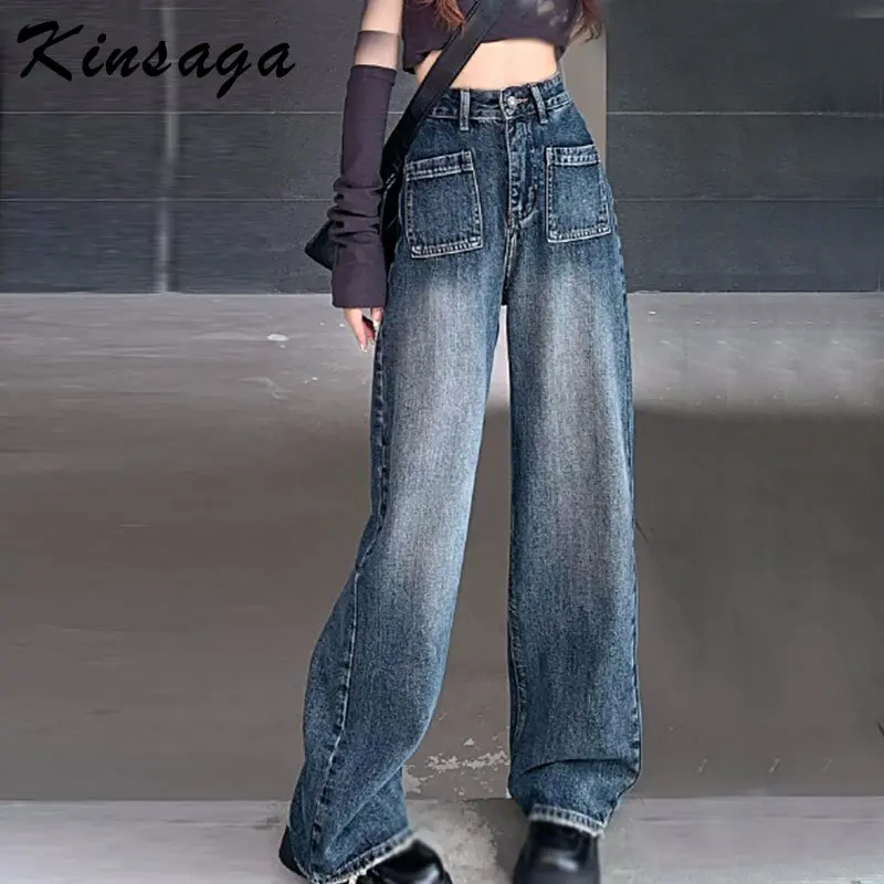 

Vintage Blue Straight Jeans Y2k Gradient Wash Cargo Pants 90s Streetwear High Waist Baggy Jeans Women Loose Wide Leg Trousers