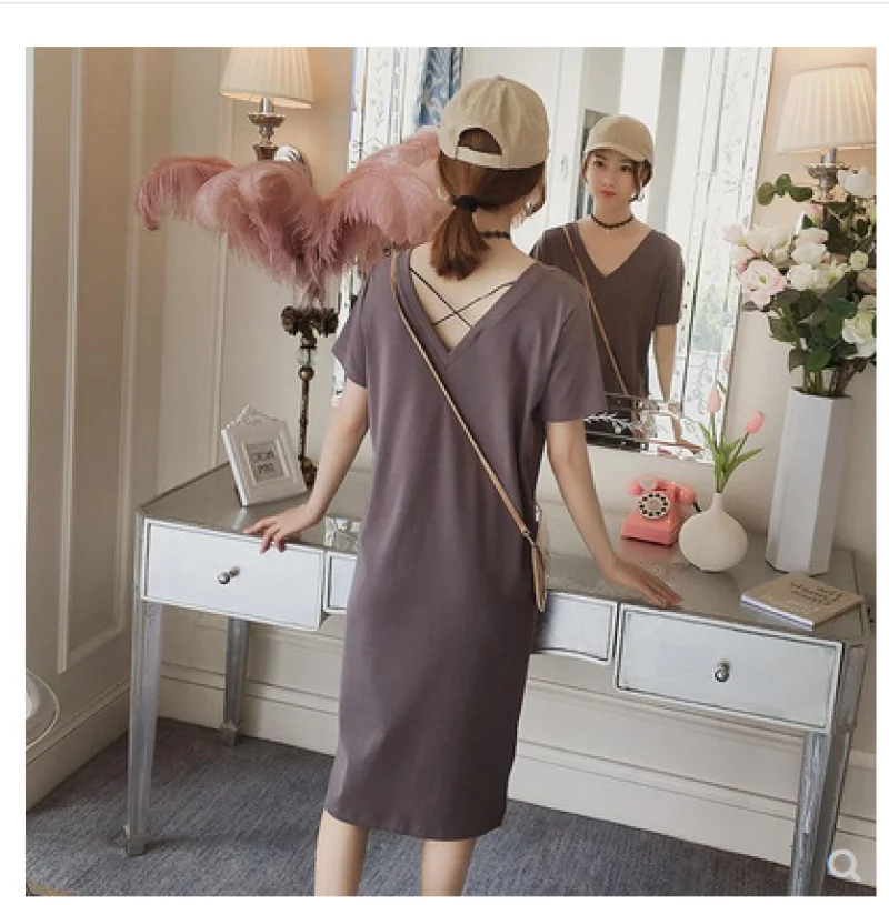 

6625# Summer Casual Cotton Maternity Long Tees Backless V Neck Loose Dress Clothes for Pregnant Women Pregnancy Clothing