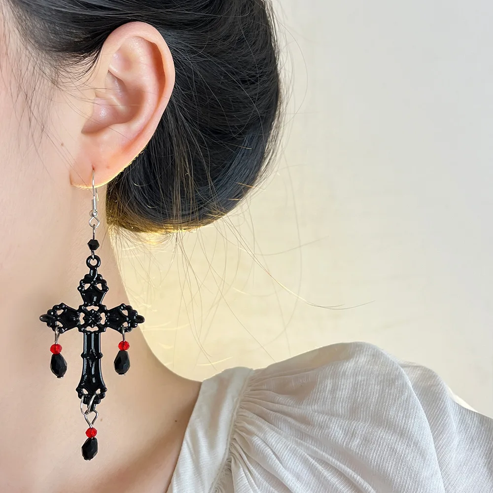 Готические черные большие полые длинные висячие серьги с крестом для женщин