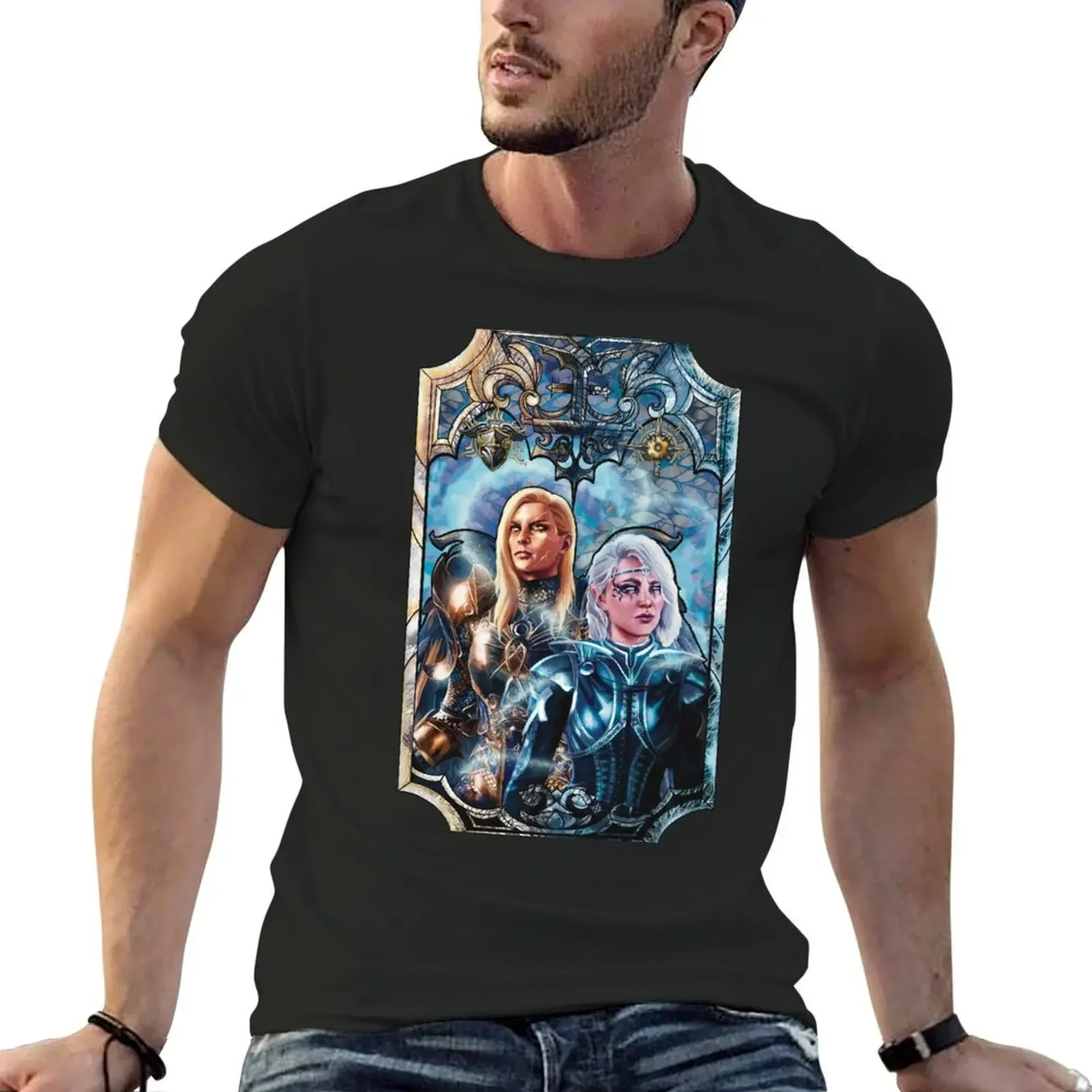 Dame Aylin and Isobel Stained Glass T-Shirt blue archive custom t shirt heavy weight shirts for men