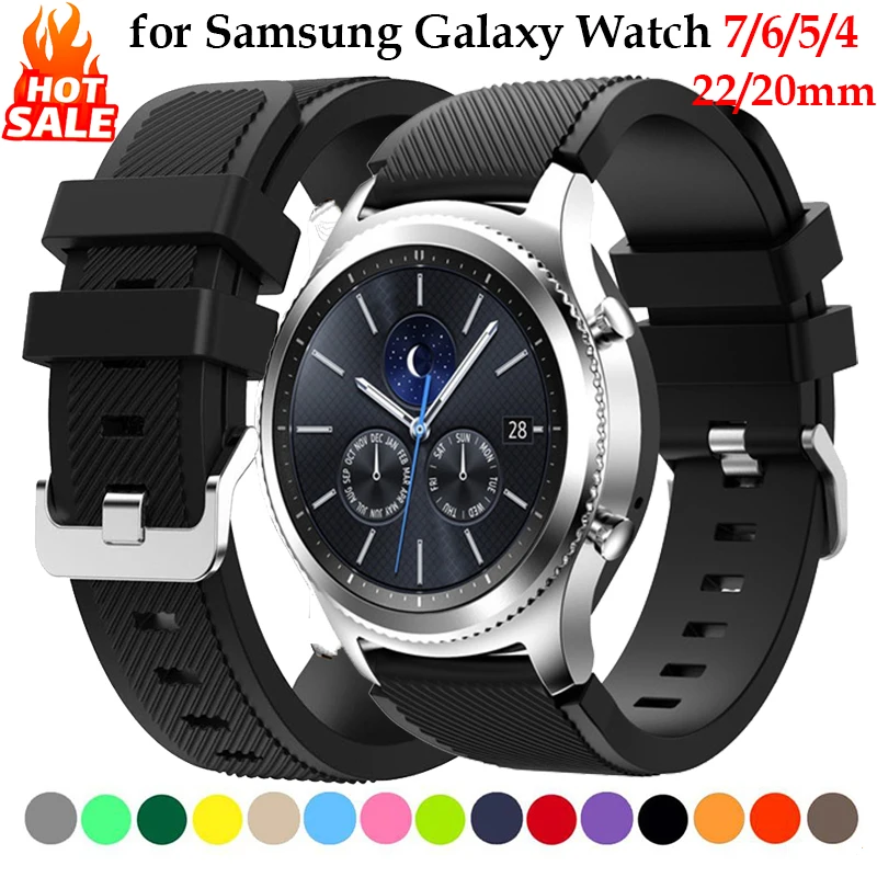 Фото Ремешок 20/22 мм для Samsung Galaxy Watch 7/6 classic/5 Pro/4 40-44 мм, силиконовый браслет Correa для Huawei Watch GT 2/3/4 46 мм. №1