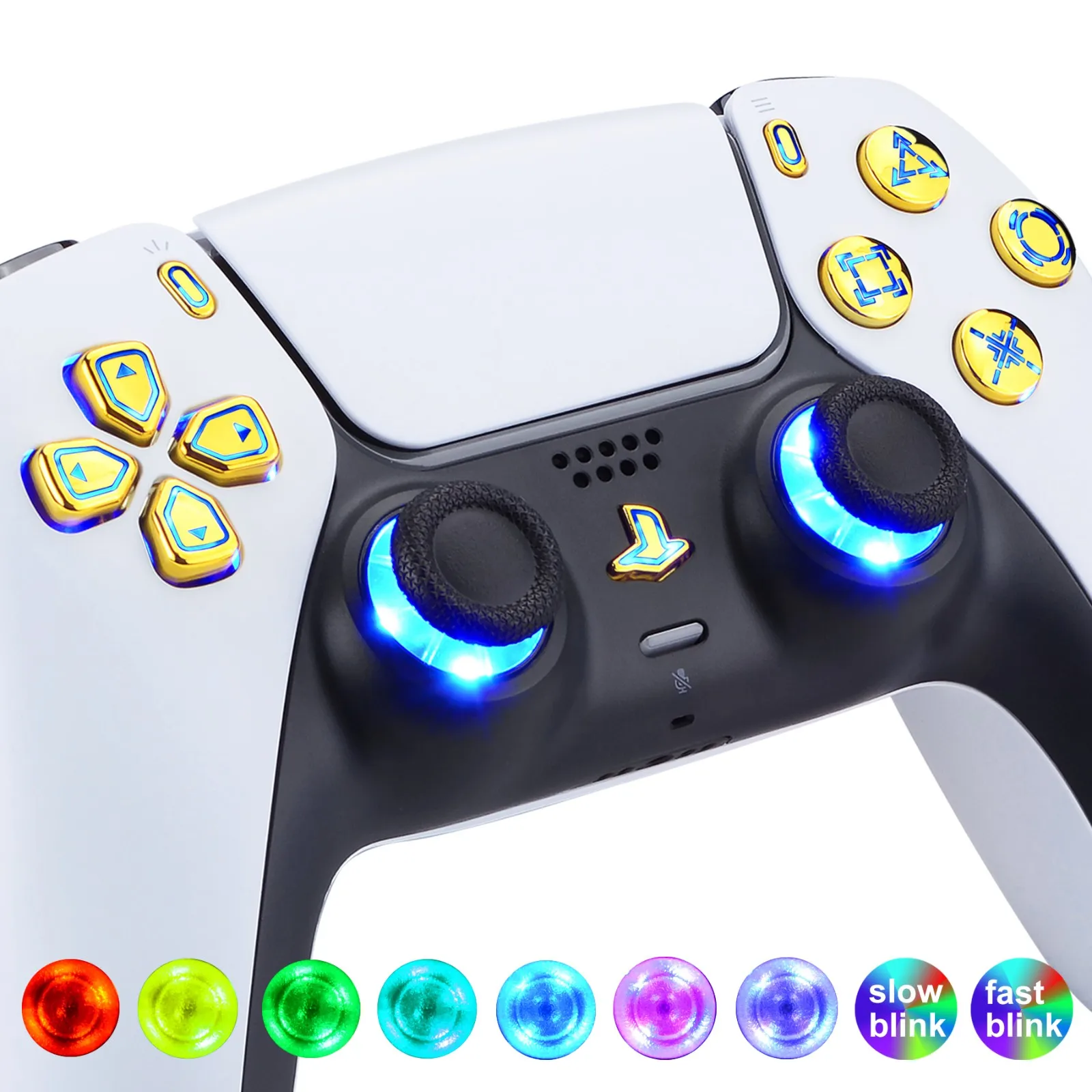 

eXtremeRate Multi-Colors Luminated Thumbstick Buttons Chrome Gold Classical Symbols Buttons DTF V3 LED Kit for PS5 Controller