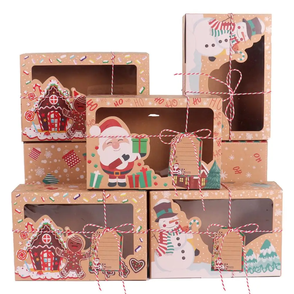 

Merry Christmas Cookie Box Kraft Paper Candy Gift Boxes Bags New Year Clear Window Packaging Bag Christmas Decor Navidad Gifts