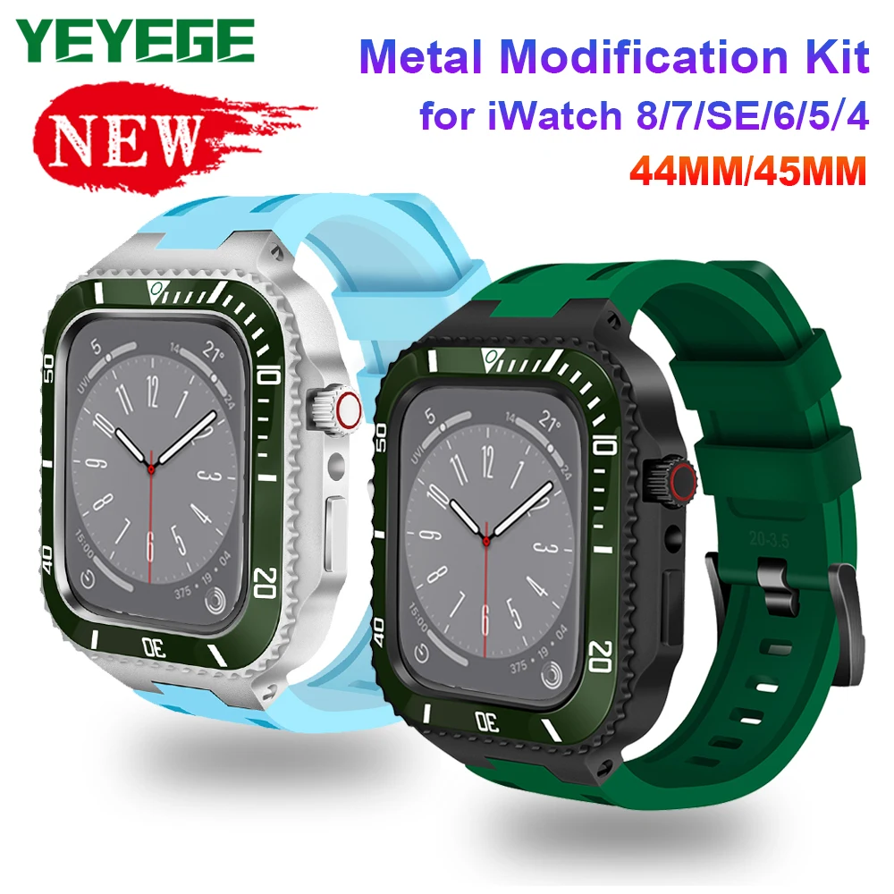 Stainless Steel Bezel Silicone Strap for Apple Watch Band 44 45MM Mod Kit Luxury Protective Case for IWatch Series 8 7 SE 6 5 4