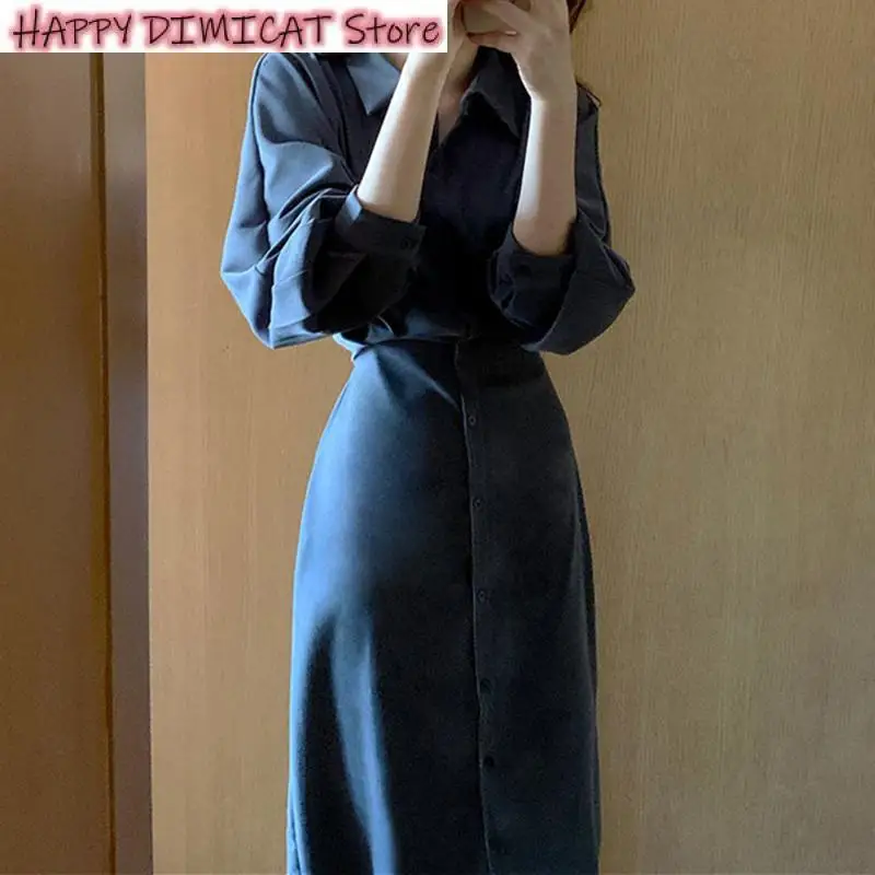 

Woman Dress Elegant Autumn Vestidos Vintage Evening Shirt Dresses for Women Party Fashion High Waist Korean Lace Up Long