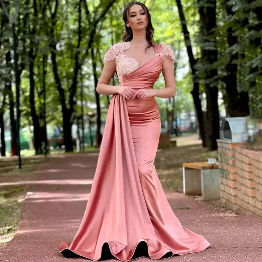

Dusty Pink Satin Mermaid Evening Gowns Saudi Arabia Lace Appliques Cap Sleeve Sweep Train Prom Dresses African Party Dress