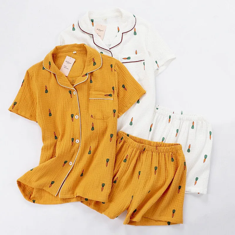 

Women Pajamas Set Summer Comfort Gauze Cotton Turn-down Collar Sleepwear Set Ladies Thin Loose Cartoon Carrot Printed Homewear