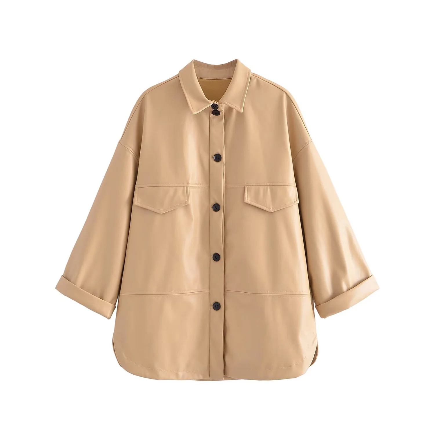 

Women Fashion With Pockets PU Khaki Single Breasted Jackets Vintage Lapel Neck Long Sleeves Female Chic Lady Outfits