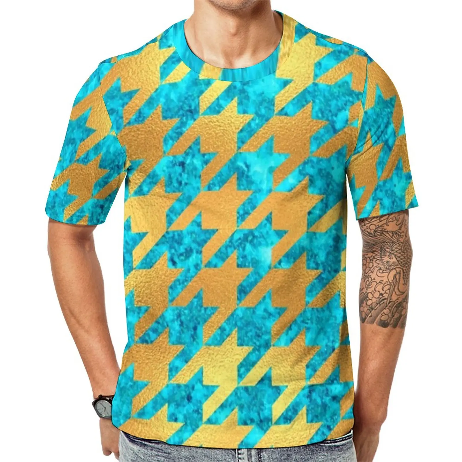 

Gold Houndstooth T-Shirt Marble Print Harajuku T-Shirts Couple Essential Tshirt Beach Short-Sleeve Graphic Tops Big Size 5XL 6XL