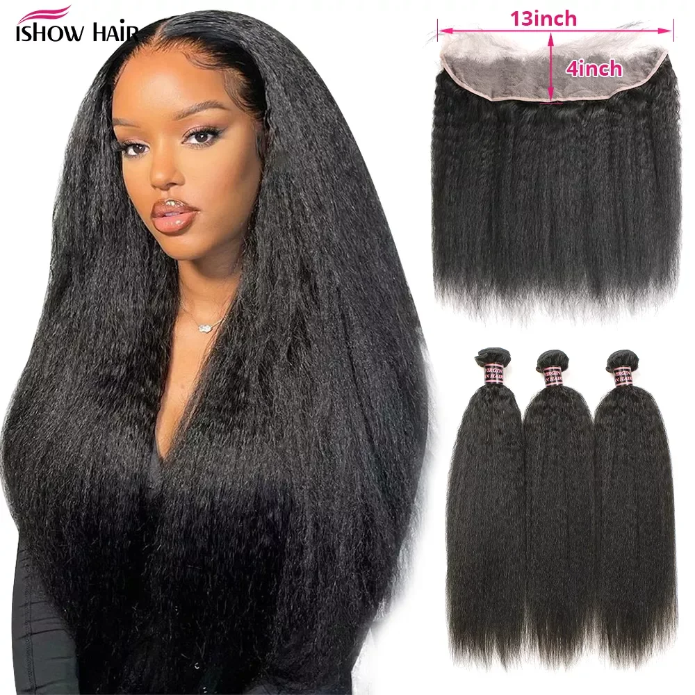 Ishow Hair Brazilian Hair Weave Bundles With Frontal Kinky Straight Human 3 Bundles Yaki Hair With Lace Front Non Remy Hair