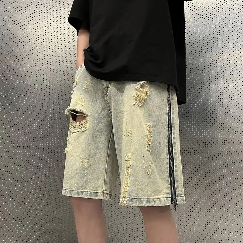 Men's Women's Denim Shorts Retro Ripped Shorts Super Large and Old Frayed Denim Five-point Pants 2023 New