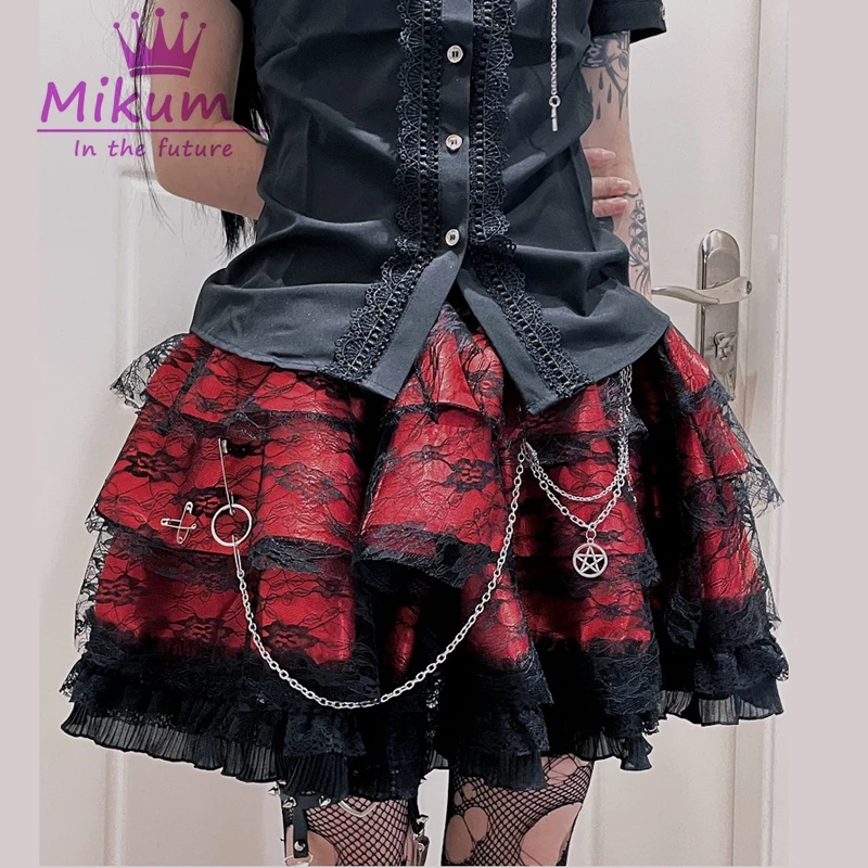 Женские юбки в стиле Харадзюку Готическая Лолита черное Красное Кружевное