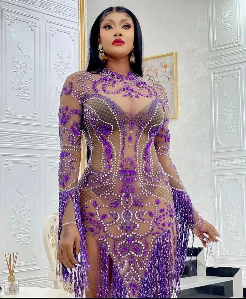 

Evening Dress Tiered Tulle Shiny Rhinestones Mesh Patchwork Mini Gown Sexy Halter Deep V-Neck Backless Slim Skirt Party Clubwear