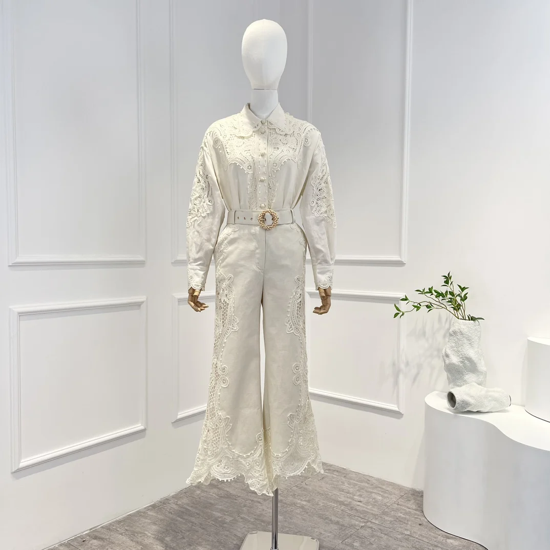

Женский комплект из блузки и брюк, бежевая Свободная блузка из 2023 льна с вышивкой и широкие брюки, весна