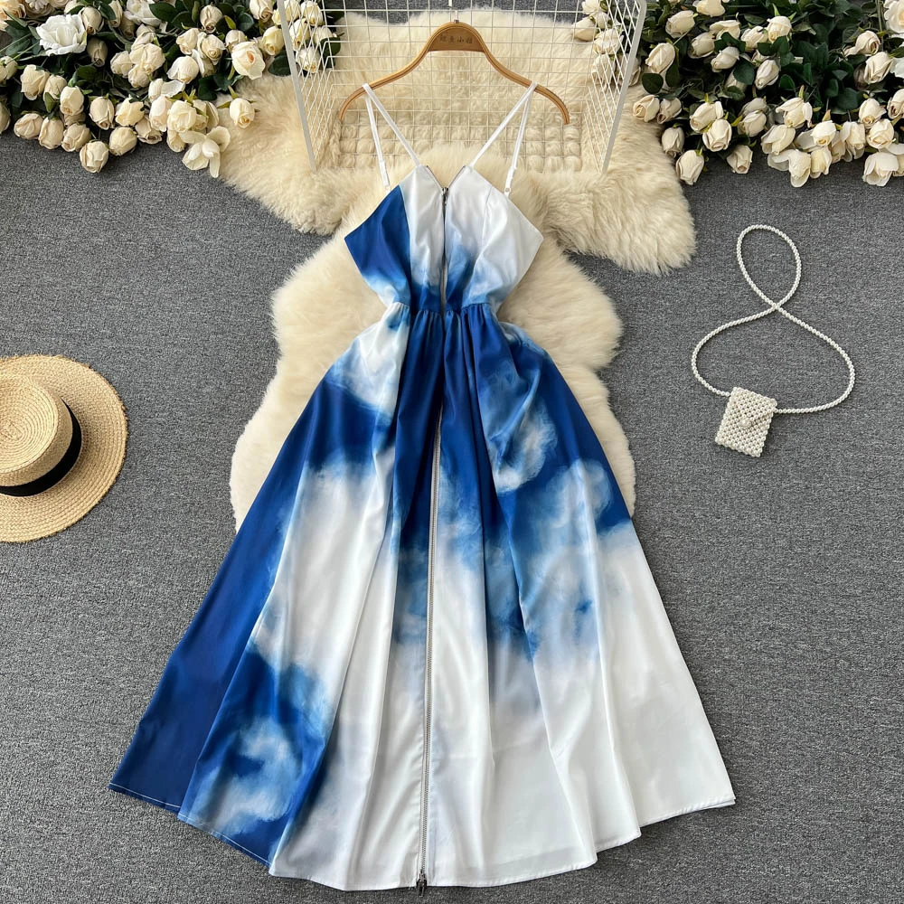 

VANOVICH Beach Style French Vintage Tie Dye Print Sleeveless Temperament Camisole Dress Women's A-LINE Folds Ankle-Length Dress